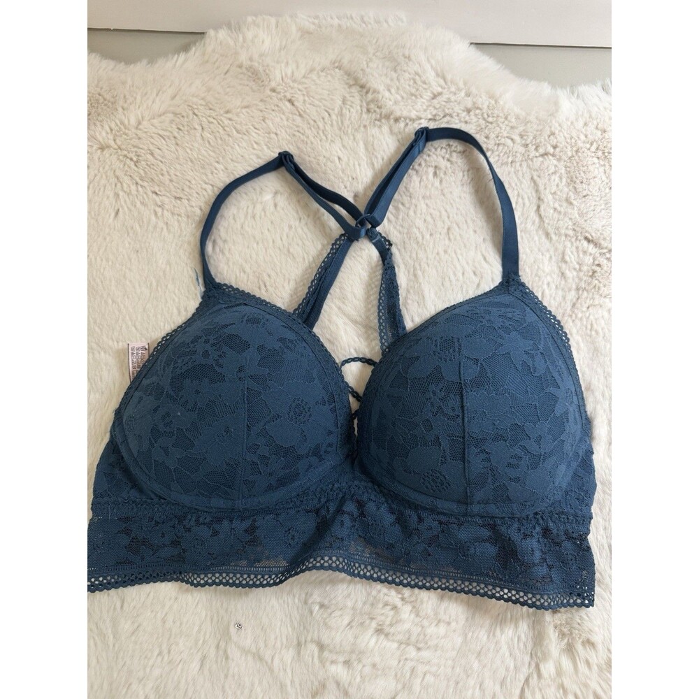 VICTORIA SECRET BRALETTE Bra L Very sexy Lace racerback Blue teal women's EUC